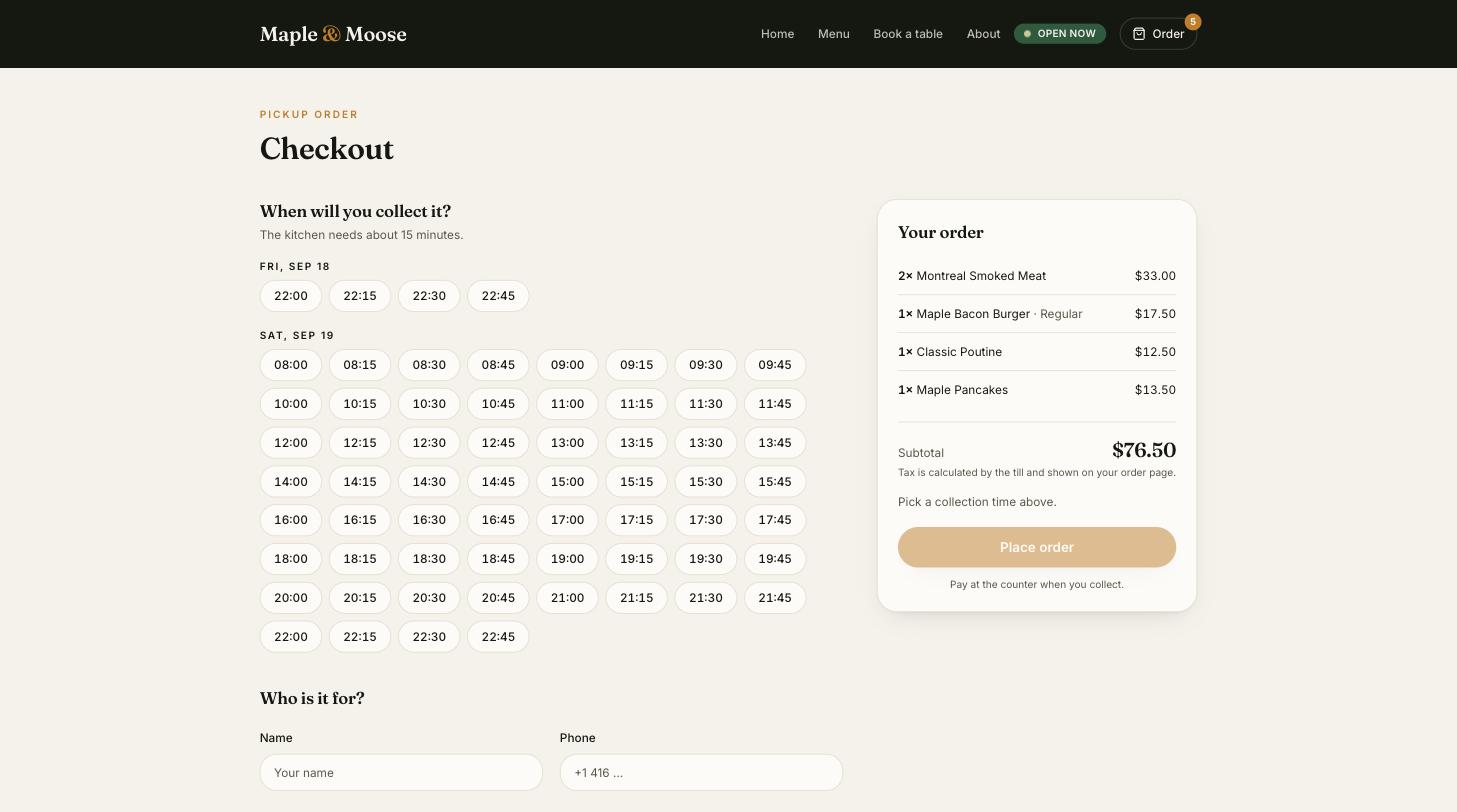 Café ordering website checkout with pickup times