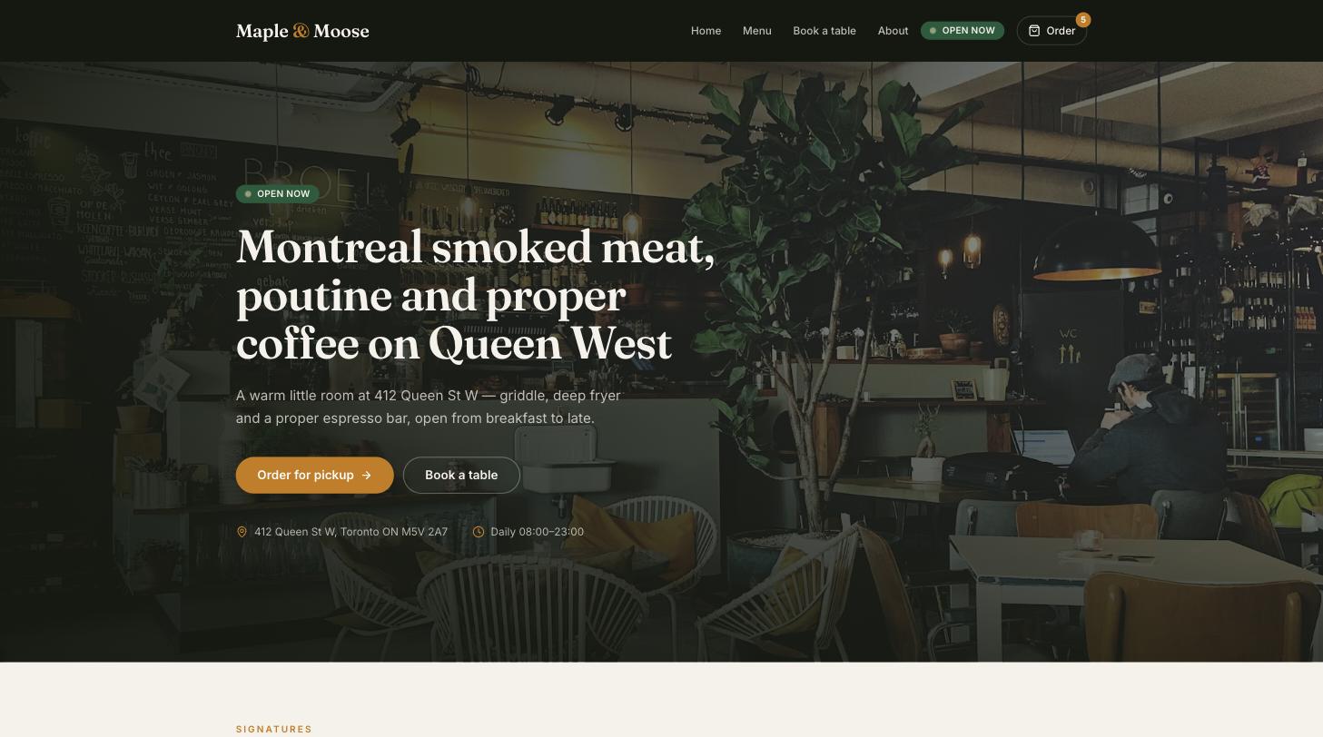 Café ordering website home page built with HundteC
