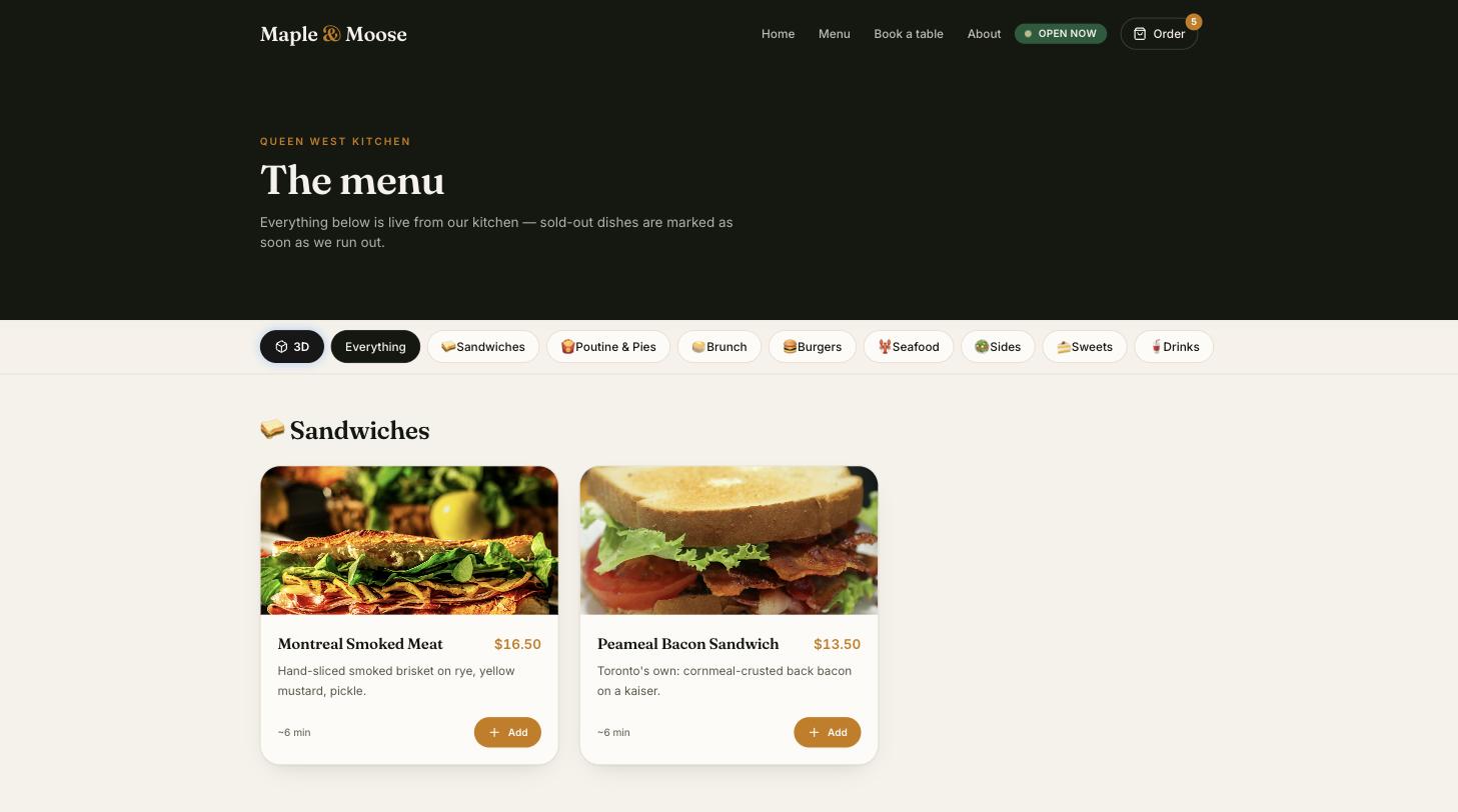 Café ordering website menu page